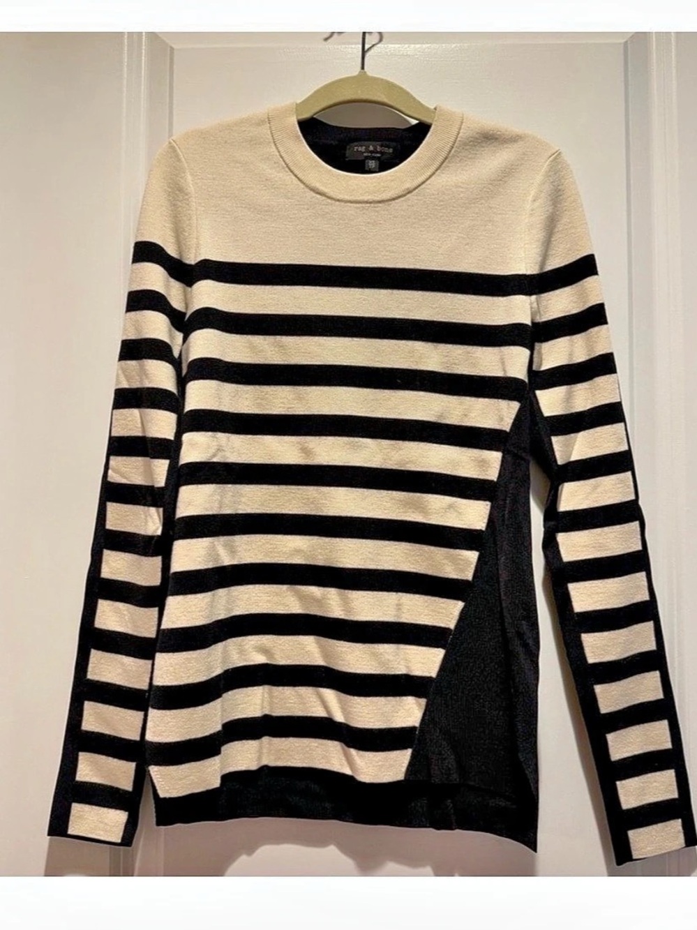 Rag & Bone Black Ivory Striped Merino Wool Crewneck Sweater S